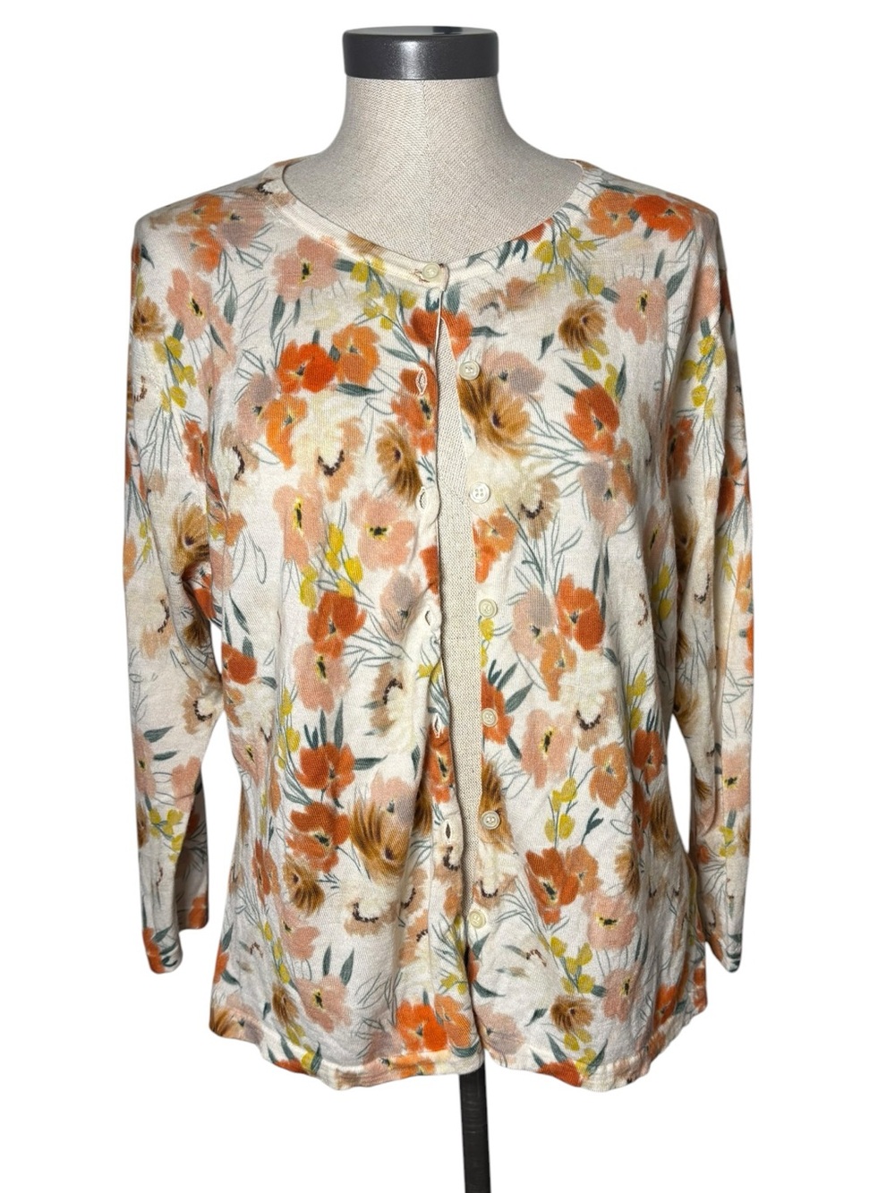 Garnet Hill XL 100% Merino Wool Floral Cardigan Lightweight Spring Sweater